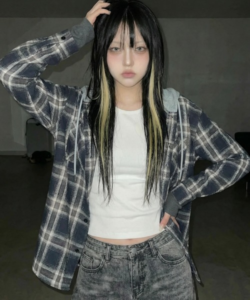 .KOM(ドットコム)の「『.KOM/ドットケーオーエム』フードSWTチェックシャツ【GC】(シャツ/ブラウス・レディース・ブルー/ブラック・FREE)」の10枚目の写真