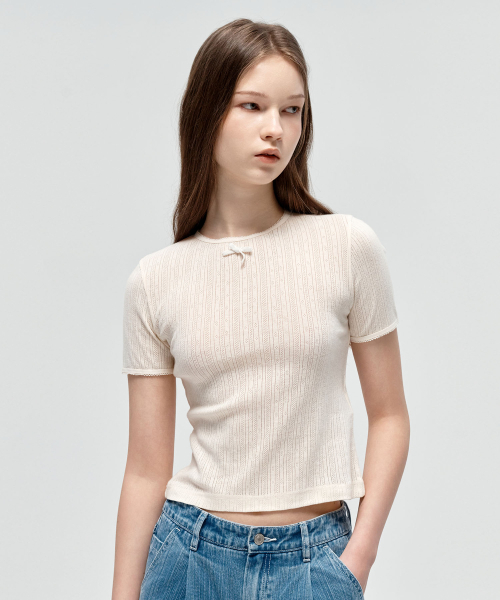 CITYBREEZE(シティブリーズ)の「リボンタイスリム半袖Tシャツ_CREAM(Tシャツ/カットソー・レディース・アイボリー・SMALL/MEDIUM)」の3枚目の写真