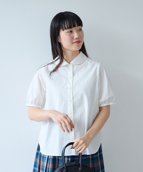 bulle de savon(ビュルデサボン)の「オーガニックコットン 60/1 タイプライター丸衿ブラウス(シャツ/ブラウス・レディース・ホワイト/ベージュ/サックスブルー・FREE)」の2枚目の写真