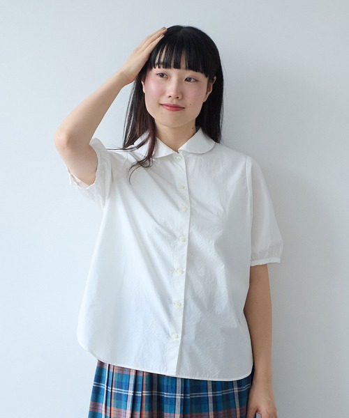 bulle de savon(ビュルデサボン)の「オーガニックコットン 60/1 タイプライター丸衿ブラウス(シャツ/ブラウス・レディース・ホワイト/ベージュ/サックスブルー・FREE)」の5枚目の写真