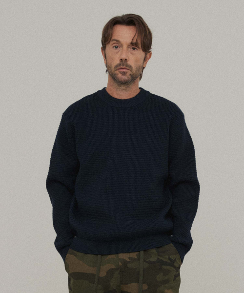 Waffle crew neck knit NAVY