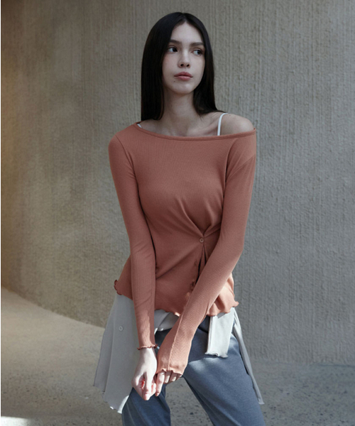 DEVIWEAR(デヴィウェア)の「DoubleButton ラップロングスリーブ DEVI-T0124-キャロット(Tシャツ/カットソー・レディース・オレンジ系その他・FREE)」の2枚目の写真