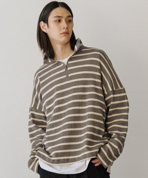OW103 stripe half zip-up knit (gray)