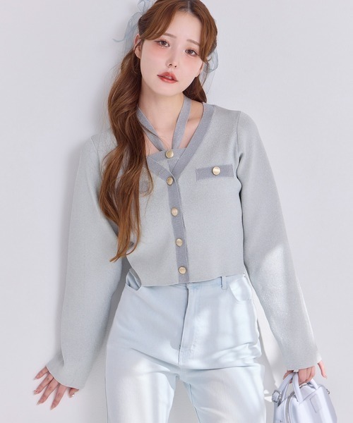 one after another NICE CLAUP（ワンアフターアナザーナイスクラップ）の「【ZOZO限定】配色ニットカーディガン/セットで着られるビスチェあり（カーディガン/ボレロ・レディース・オフホワイト/ピンク系その他/サックスブルー/ネイビー/ピンク・FREE）」の10枚目の写真