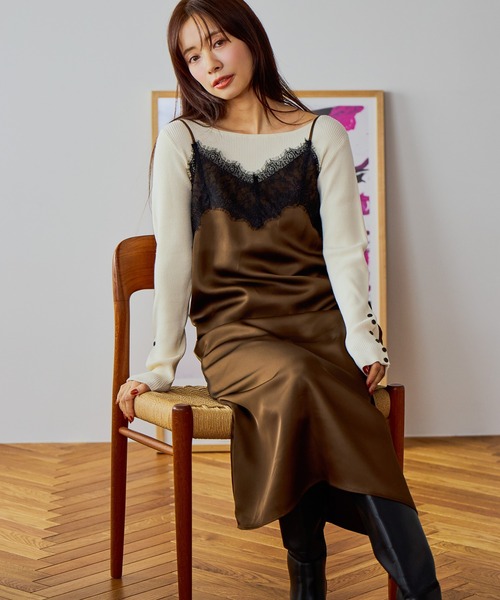 mysty woman(ミスティウーマン)の「レースサテンキャミワンピース 644641(ワンピース・レディース・アイボリー/ブラック/ブラウン・FREE)」の1枚目の写真