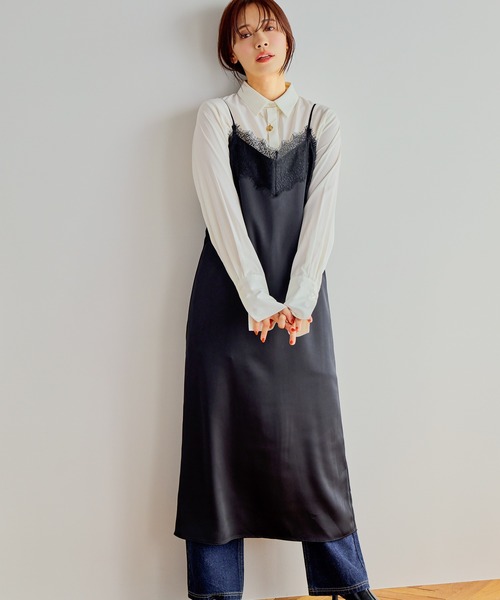 mysty woman(ミスティウーマン)の「レースサテンキャミワンピース 644641(ワンピース・レディース・アイボリー/ブラック/ブラウン・FREE)」の3枚目の写真