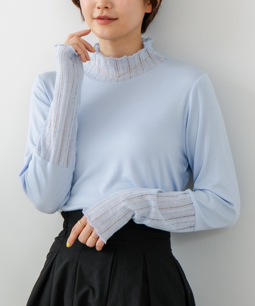 fort point(フォーポイント)の「【fort point/フォートポイント】【上品に着こなせるハイネックトップス】シアー 切り替え ハイネック プルオーバー シアーリブ こなれ感 レイヤード(ニット/セーター・レディース・ブラック/ベージュ/サックスブルー/イエロー/ミント・FREE)」の1枚目の写真