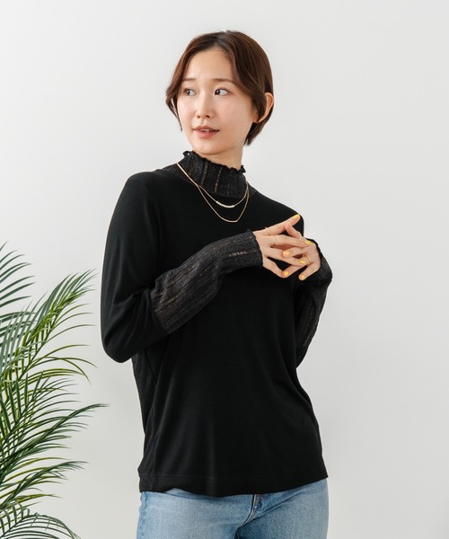 fort point(フォーポイント)の「【fort point/フォートポイント】【上品に着こなせるハイネックトップス】シアー 切り替え ハイネック プルオーバー シアーリブ こなれ感 レイヤード(ニット/セーター・レディース・ブラック/ベージュ/サックスブルー/イエロー/ミント・FREE)」の11枚目の写真