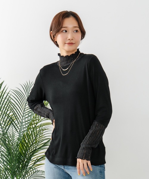 fort point(フォーポイント)の「【fort point/フォートポイント】【上品に着こなせるハイネックトップス】シアー 切り替え ハイネック プルオーバー シアーリブ こなれ感 レイヤード(ニット/セーター・レディース・ブラック/ベージュ/サックスブルー/イエロー/ミント・FREE)」の13枚目の写真