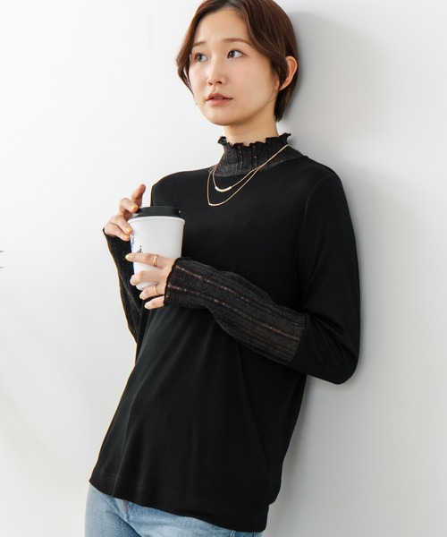 fort point(フォーポイント)の「【fort point/フォートポイント】【上品に着こなせるハイネックトップス】シアー 切り替え ハイネック プルオーバー シアーリブ こなれ感 レイヤード(ニット/セーター・レディース・ブラック/ベージュ/サックスブルー/イエロー/ミント・FREE)」の16枚目の写真
