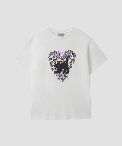 ROLAROLA(ロラロラ)の「LEOPARD HEART CAT PIGMENT T-SHIRT IVORY(Tシャツ/カットソー・レディース・アイボリー・FREE)」の1枚目の写真