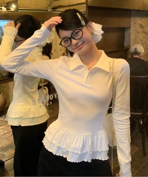 AsheKsha(アシクシャ)の「万能で可愛らしい無地の長袖ポロシャツ(シャツ/ブラウス・レディース・ホワイト・M)」の1枚目の写真