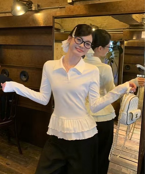 AsheKsha(アシクシャ)の「万能で可愛らしい無地の長袖ポロシャツ(シャツ/ブラウス・レディース・ホワイト・M)」の5枚目の写真