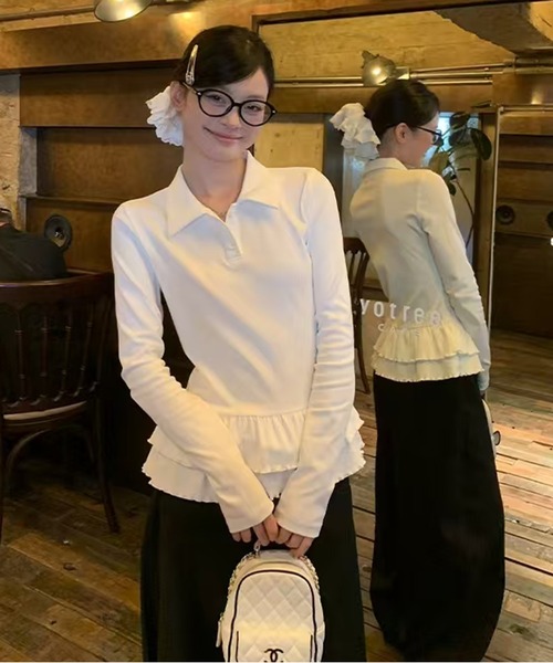AsheKsha(アシクシャ)の「万能で可愛らしい無地の長袖ポロシャツ(シャツ/ブラウス・レディース・ホワイト・M)」の7枚目の写真
