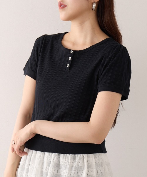 Healthknit（ヘルスニット）の「【Healthknit】26SS ジャガードリブ ヘンリーネック 半袖 コンパクトTシャツHR26S-L307（Tシャツ/カットソー・レディース・ブラック/アイボリー・FREE）」の2枚目の写真