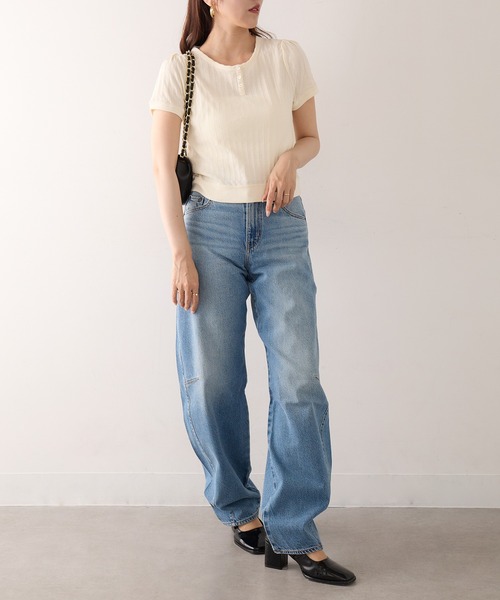 Healthknit（ヘルスニット）の「【Healthknit】26SS ジャガードリブ ヘンリーネック 半袖 コンパクトTシャツHR26S-L307（Tシャツ/カットソー・レディース・ブラック/アイボリー・FREE）」の6枚目の写真