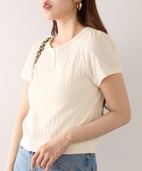 Healthknit（ヘルスニット）の「【Healthknit】26SS ジャガードリブ ヘンリーネック 半袖 コンパクトTシャツHR26S-L307（Tシャツ/カットソー・レディース・ブラック/アイボリー・FREE）」の3枚目の写真