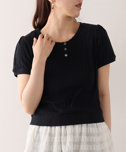 Healthknit（ヘルスニット）の「【Healthknit】26SS ジャガードリブ ヘンリーネック 半袖 コンパクトTシャツHR26S-L307（Tシャツ/カットソー・レディース・ブラック/アイボリー・FREE）」の7枚目の写真