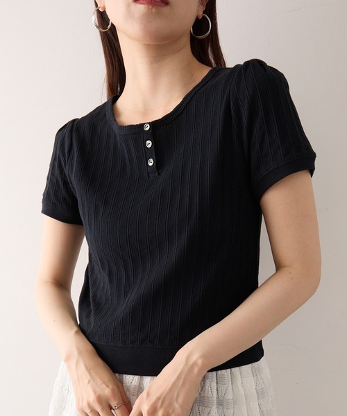 Healthknit（ヘルスニット）の「【Healthknit】26SS ジャガードリブ ヘンリーネック 半袖 コンパクトTシャツHR26S-L307（Tシャツ/カットソー・レディース・ブラック/アイボリー・FREE）」の8枚目の写真