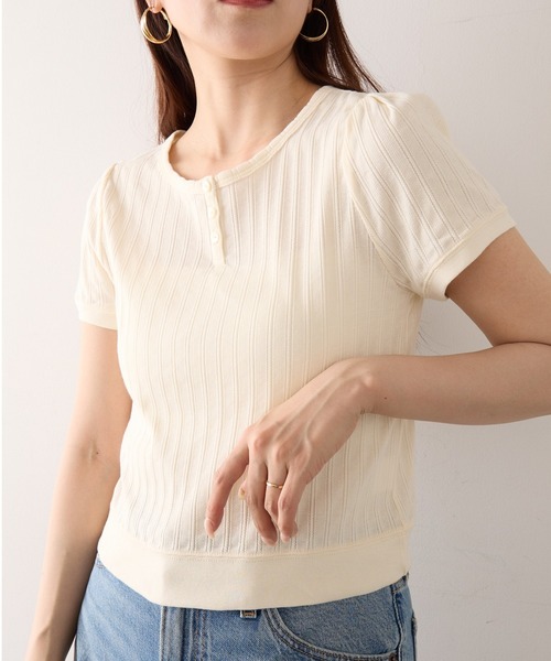 Healthknit（ヘルスニット）の「【Healthknit】26SS ジャガードリブ ヘンリーネック 半袖 コンパクトTシャツHR26S-L307（Tシャツ/カットソー・レディース・ブラック/アイボリー・FREE）」の4枚目の写真