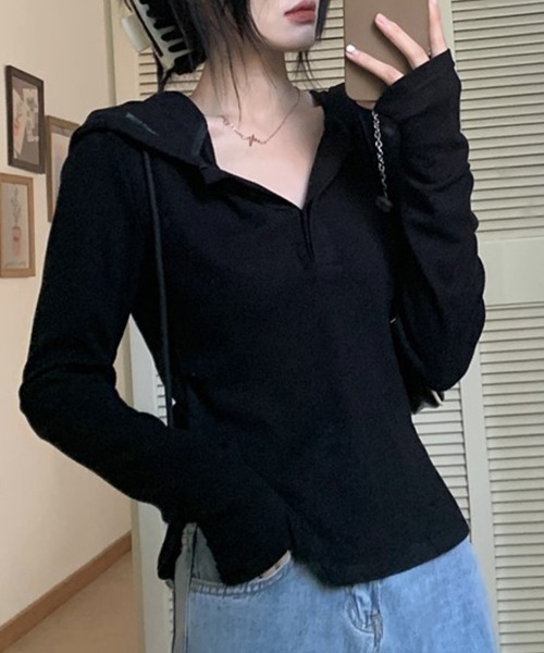 mielu(ミエル)の「フード付きスリムフィットカットソー(Tシャツ/カットソー・レディース・ブラック/ホワイト・LARGE/MEDIUM)」の5枚目の写真