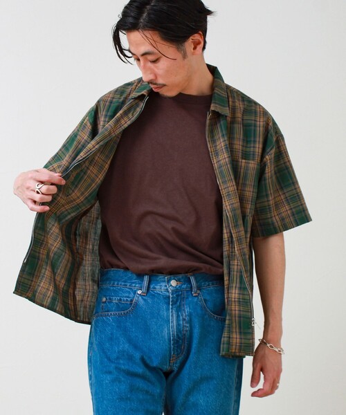 GLOSTER(グロスター)の「【軽羽織りにおすすめ】シアーチェック 半袖ZIPシャツ(シャツ/ブラウス・メンズ・グリーン系その他/ベージュ系その他/ブルー系その他6・L/M/S)」の1枚目の写真