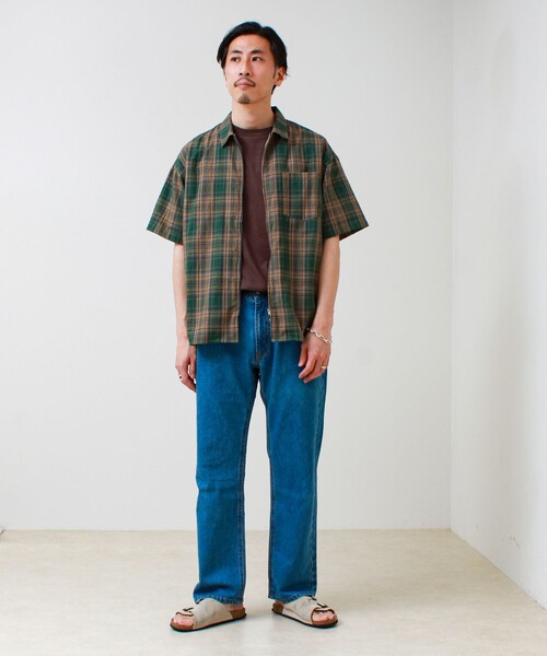 GLOSTER(グロスター)の「【軽羽織りにおすすめ】シアーチェック 半袖ZIPシャツ(シャツ/ブラウス・メンズ・グリーン系その他/ベージュ系その他/ブルー系その他6・L/M/S)」の4枚目の写真