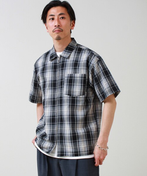 GLOSTER(グロスター)の「【軽羽織りにおすすめ】シアーチェック 半袖ZIPシャツ(シャツ/ブラウス・メンズ・グリーン系その他/ベージュ系その他/ブルー系その他6・L/M/S)」の7枚目の写真