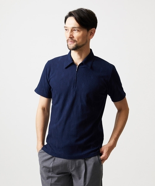 MICHEL KLEIN HOMME (ミッシェルクランオム)の「《日本製》スモーク柄ハーフジップ半袖ポロシャツ(ポロシャツ・メンズ・ライトグレー/ネイビー/ピンク・MEDIUM/LARGE/X-LARGE)」の1枚目の写真