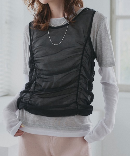 ad thie(アドティエ)の「チュールタンクトップ フェイクレイヤード ロンT(Tシャツ/カットソー・レディース・オートミール/イエロー/ライトブルー・FREE)」の2枚目の写真