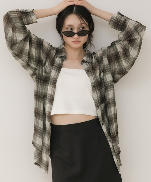 HEILIS(ヘイリス)の「シアーオンブレチェックシャツ/オンブレチェックシャツ チェックシャツ シアーシャツ 長袖シャツ 羽織り オーバーサイズ 韓国ファッション カジュアル 春服 夏服 秋服 ブラック ブラウン(シャツ/ブラウス・レディース・ブラウン/ブラック・FREE)」の1枚目の写真
