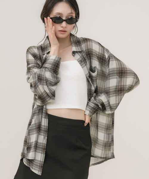 HEILIS(ヘイリス)の「シアーオンブレチェックシャツ/オンブレチェックシャツ チェックシャツ シアーシャツ 長袖シャツ 羽織り オーバーサイズ 韓国ファッション カジュアル 春服 夏服 秋服 ブラック ブラウン(シャツ/ブラウス・レディース・ブラウン/ブラック・FREE)」の4枚目の写真
