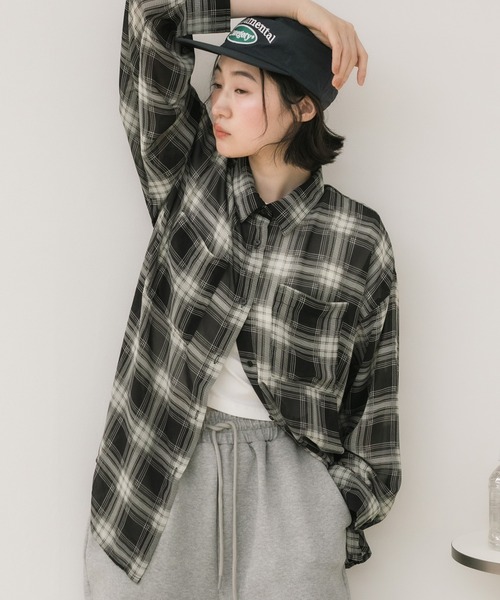 HEILIS(ヘイリス)の「シアーオンブレチェックシャツ/オンブレチェックシャツ チェックシャツ シアーシャツ 長袖シャツ 羽織り オーバーサイズ 韓国ファッション カジュアル 春服 夏服 秋服 ブラック ブラウン(シャツ/ブラウス・レディース・ブラウン/ブラック・FREE)」の21枚目の写真