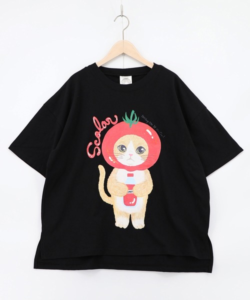 ScoLar(スカラー)の「162632:トマトにゃんこ柄プリントTシャツ(Tシャツ/カットソー・レディース・イエロー/ブラック/オフホワイト・M)」の2枚目の写真