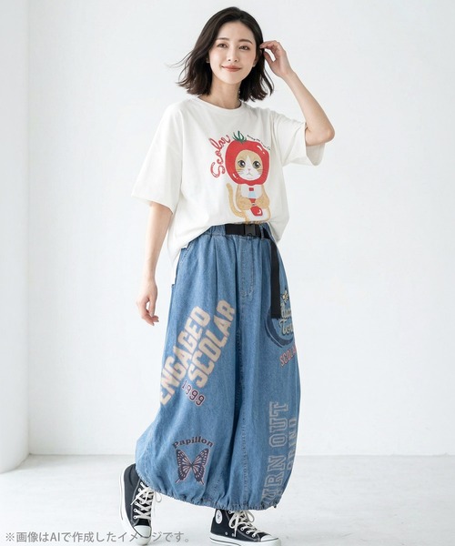 ScoLar(スカラー)の「162632:トマトにゃんこ柄プリントTシャツ(Tシャツ/カットソー・レディース・イエロー/ブラック/オフホワイト・M)」の5枚目の写真