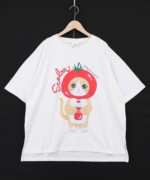 ScoLar(スカラー)の「162632:トマトにゃんこ柄プリントTシャツ(Tシャツ/カットソー・レディース・イエロー/ブラック/オフホワイト・M)」の6枚目の写真