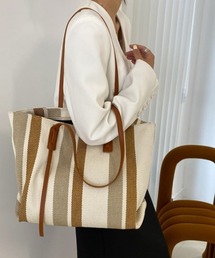 大容量 ストライプ キャンバス トートバッグ