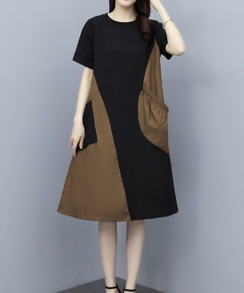 AMAJI(アマジ)の「配色切替 半袖ワンピース(ワンピース・レディース・グリーン/ブラウン・MEDIUM/LARGE/X-LARGE)」の1枚目の写真