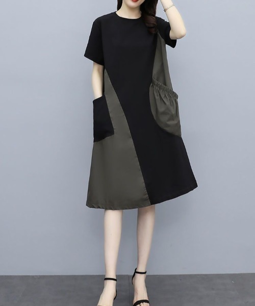 AMAJI(アマジ)の「配色切替 半袖ワンピース(ワンピース・レディース・グリーン/ブラウン・MEDIUM/LARGE/X-LARGE)」の2枚目の写真