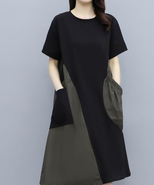 AMAJI(アマジ)の「配色切替 半袖ワンピース(ワンピース・レディース・グリーン/ブラウン・MEDIUM/LARGE/X-LARGE)」の3枚目の写真