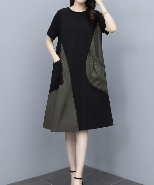 AMAJI(アマジ)の「配色切替 半袖ワンピース(ワンピース・レディース・グリーン/ブラウン・MEDIUM/LARGE/X-LARGE)」の5枚目の写真