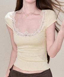 Uネック レーストリム 半袖Tシャツ
