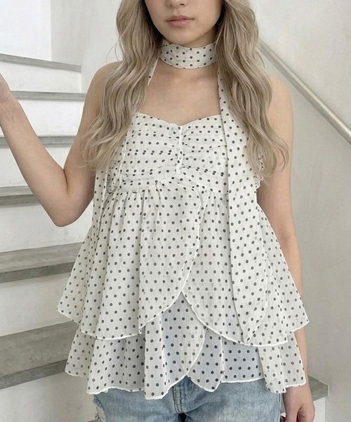 non-hedge（ノンヘッジ）の「ティアードチョーカー付シアーキャミソール（Tシャツ/カットソー・レディース・ピンク/ホワイト×ブラック/ブラック×ホワイト/ブラック/オフホワイト・FREE）」の3枚目の写真