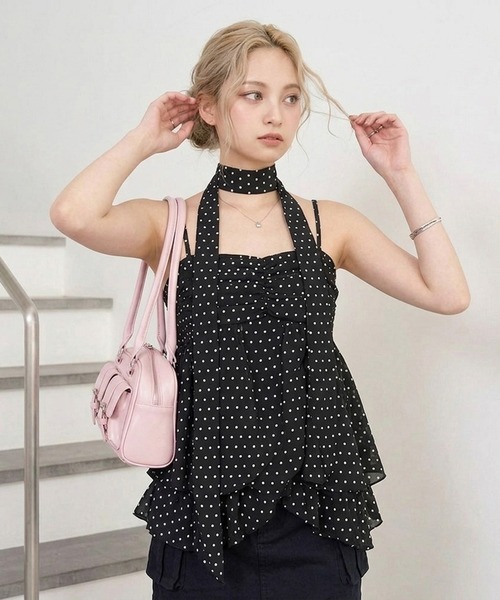 non-hedge（ノンヘッジ）の「ティアードチョーカー付シアーキャミソール（Tシャツ/カットソー・レディース・ピンク/ホワイト×ブラック/ブラック×ホワイト/ブラック/オフホワイト・FREE）」の6枚目の写真