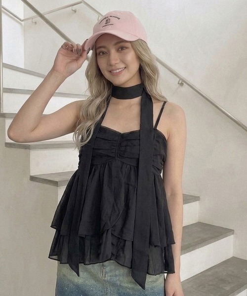 non-hedge（ノンヘッジ）の「ティアードチョーカー付シアーキャミソール（Tシャツ/カットソー・レディース・ピンク/ホワイト×ブラック/ブラック×ホワイト/ブラック/オフホワイト・FREE）」の16枚目の写真