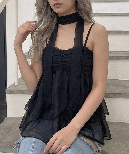 non-hedge（ノンヘッジ）の「ティアードチョーカー付シアーキャミソール（Tシャツ/カットソー・レディース・ピンク/ホワイト×ブラック/ブラック×ホワイト/ブラック/オフホワイト・FREE）」の17枚目の写真