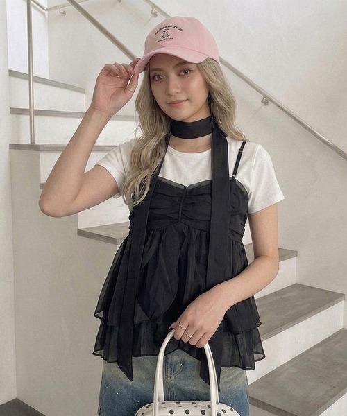 non-hedge（ノンヘッジ）の「ティアードチョーカー付シアーキャミソール（Tシャツ/カットソー・レディース・ピンク/ホワイト×ブラック/ブラック×ホワイト/ブラック/オフホワイト・FREE）」の18枚目の写真