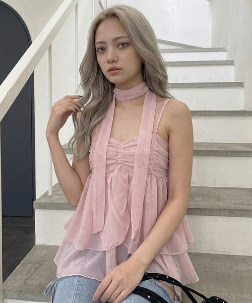 non-hedge（ノンヘッジ）の「ティアードチョーカー付シアーキャミソール（Tシャツ/カットソー・レディース・ピンク/ホワイト×ブラック/ブラック×ホワイト/ブラック/オフホワイト・FREE）」の20枚目の写真