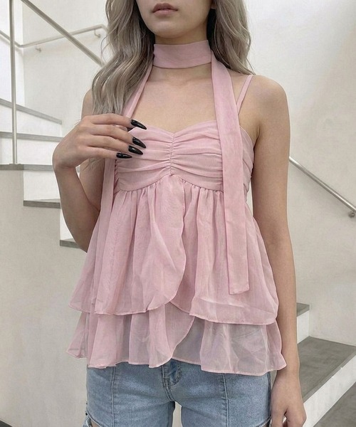 non-hedge（ノンヘッジ）の「ティアードチョーカー付シアーキャミソール（Tシャツ/カットソー・レディース・ピンク/ホワイト×ブラック/ブラック×ホワイト/ブラック/オフホワイト・FREE）」の21枚目の写真