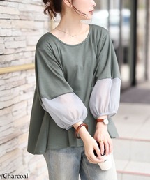 シアー切り替えランタン袖フレアプルオーバー【大きいサイズ対応】
